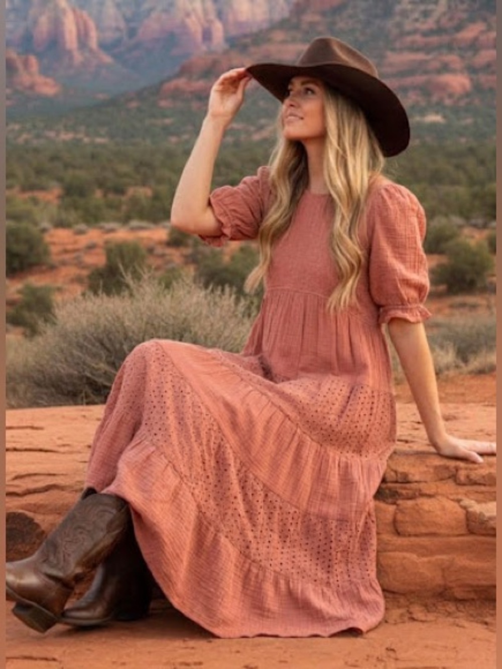Rust Mauve Tiered Maxi Dress with Puff Sleeves